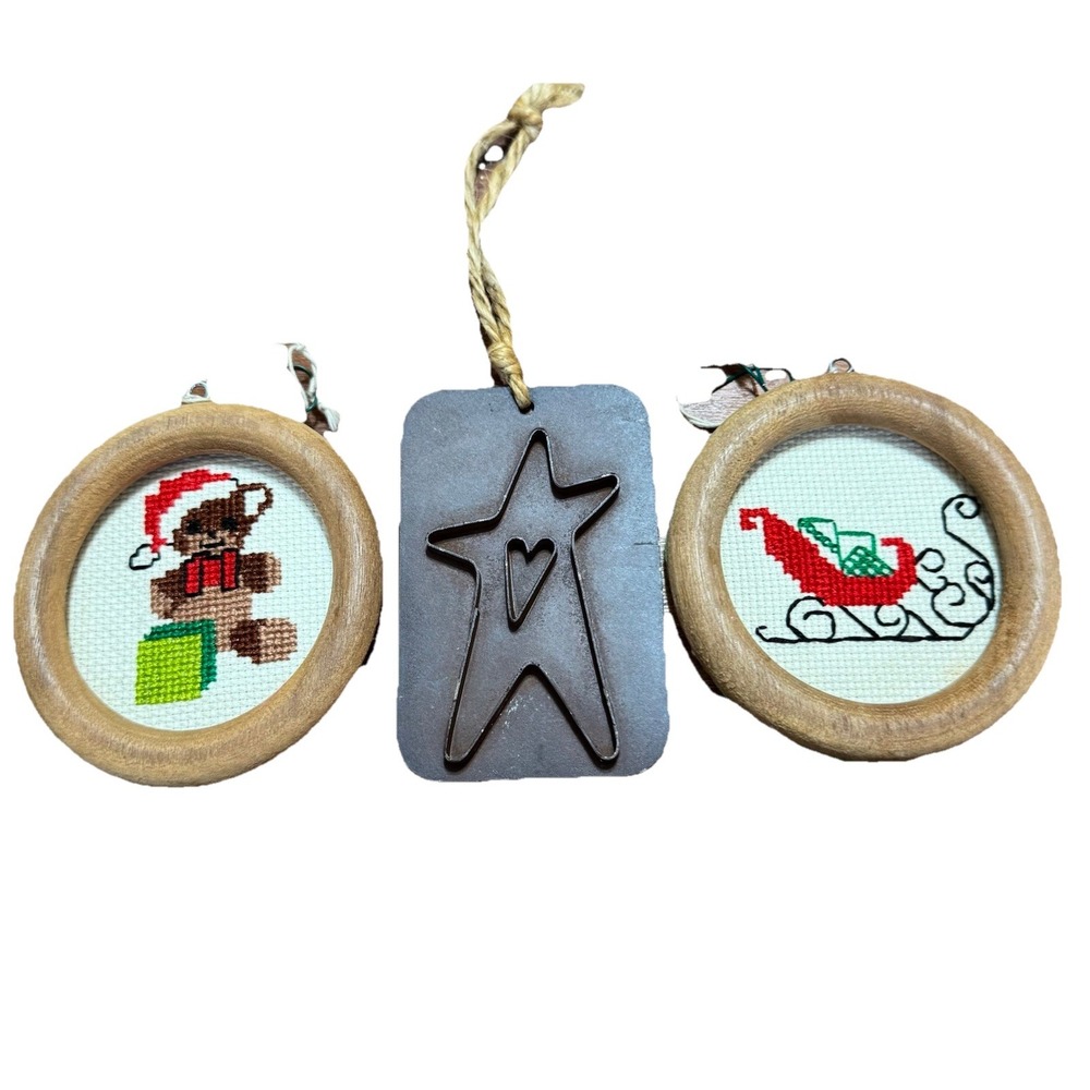 Lot Three Vintage Ornaments‎ 2 Counted Cross Stitch Christmas Ornaments & Metal